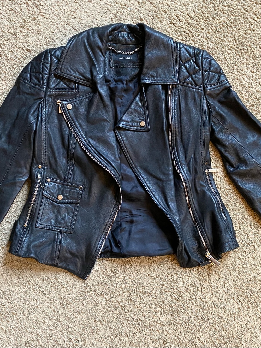 Karen Millen Black Leather Moto Jacket with Quilted Shoulders